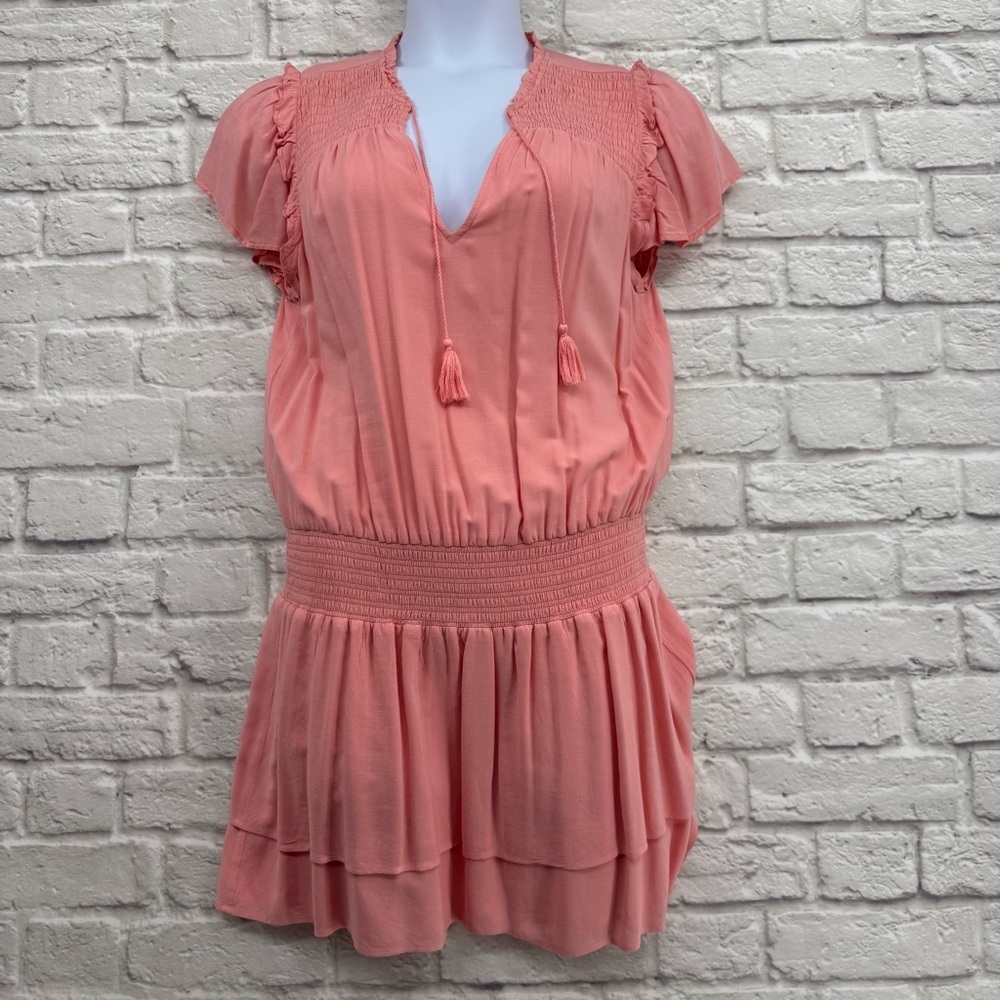PAIGE Christina Smocked Tiered Ruffle Mini Dress Peach Tree Size L - Picture 2 of 16
